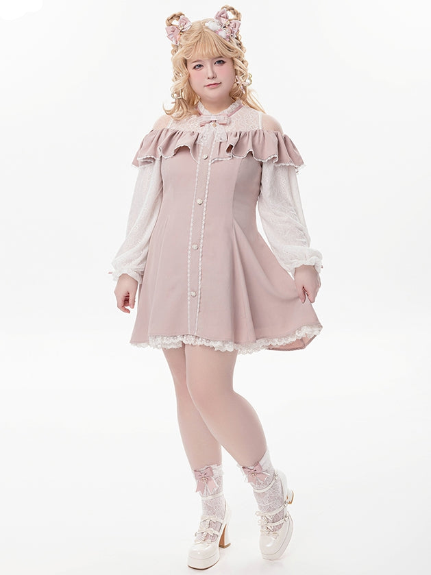 Rosa Illusionsausschnitt, ausgeschnittene Schulter, Jirai Kei-Kleid mit langen Ärmeln und Fliege