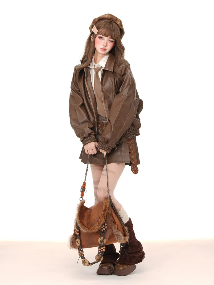 プリーツスカート PU ブラウン/ピンク