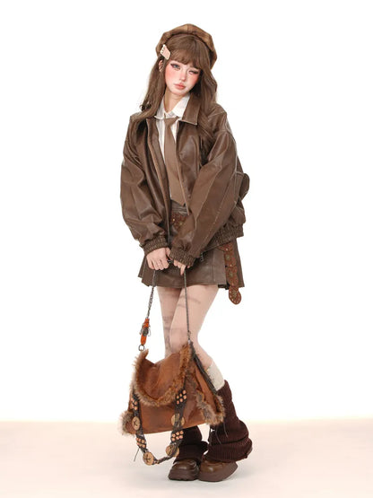 プリーツスカート PU ブラウン/ピンク