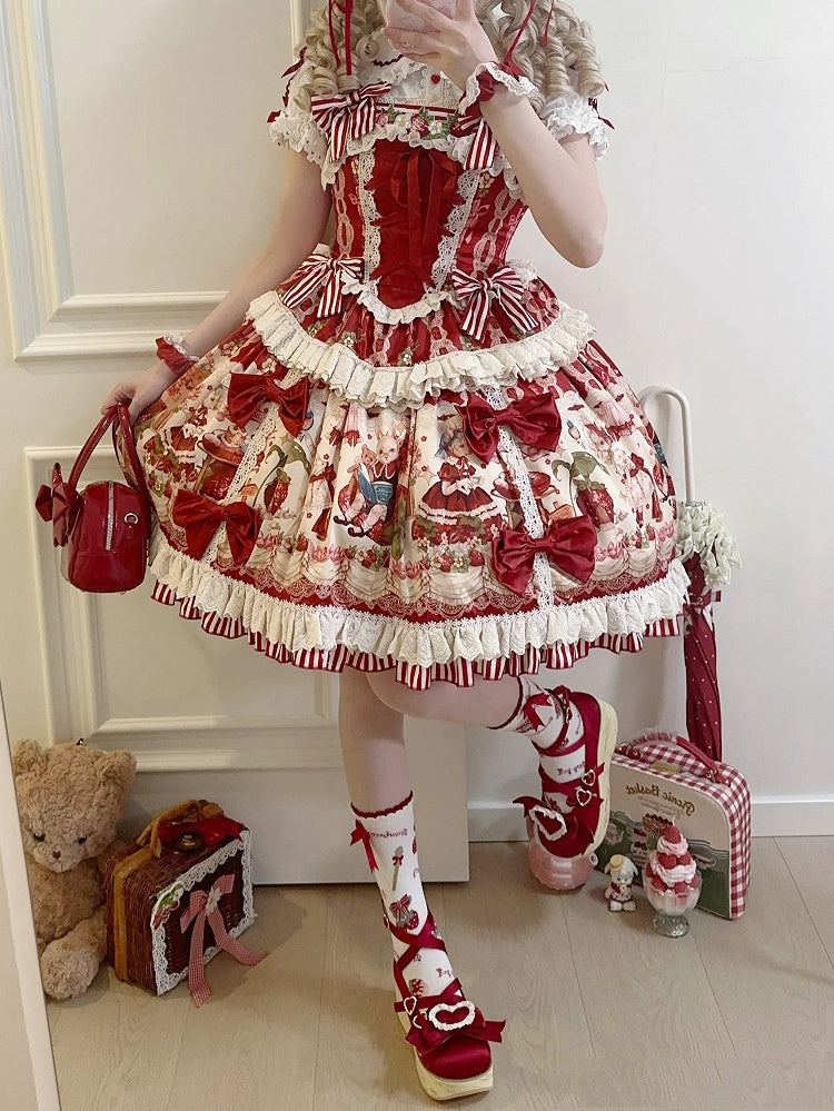 赤とイチゴのプリントドレススカートスイートロリータジャンパーバニー