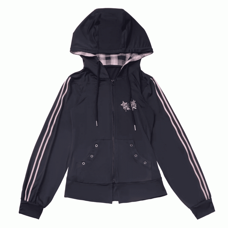 Pink Plaid Hood Black Star Embroidery Sun Protection Jacket