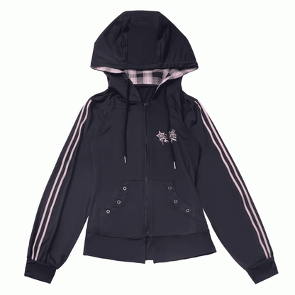 Pink Plaid Hood Black Star Embroidery Sun Protection Jacket