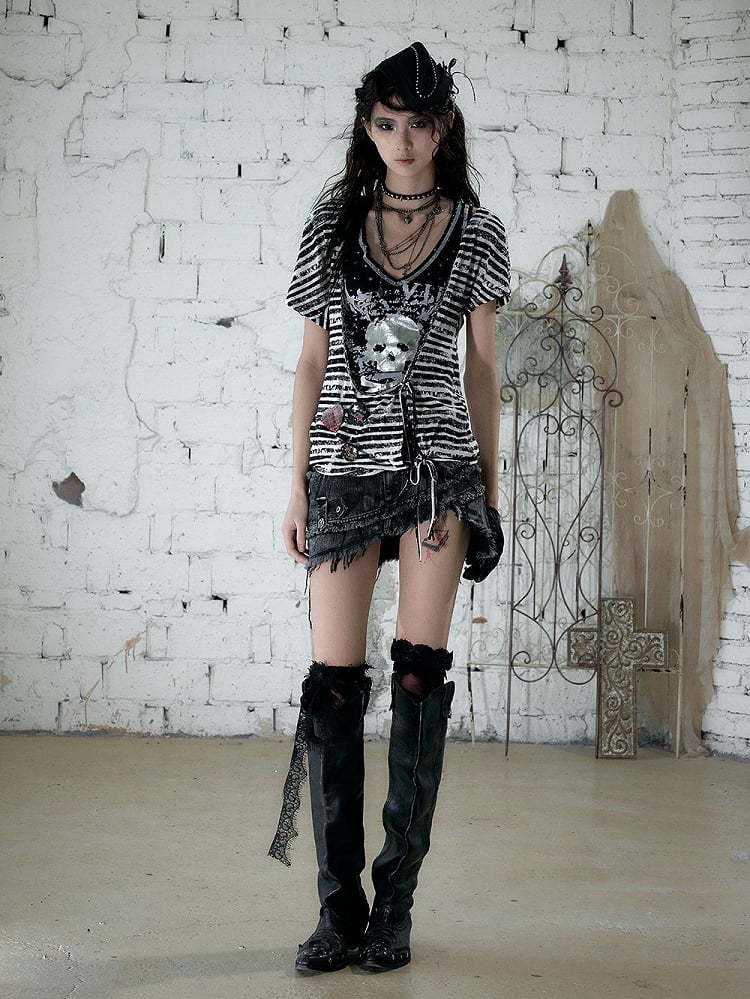 Black White Street Punk Two-Piece Set with Asymmetric Top and Skull Tank - NO ROMANCE