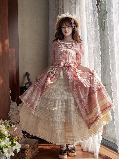 Pink Layered Ruffles Elegant Dress with Front Buttons - Miss Point