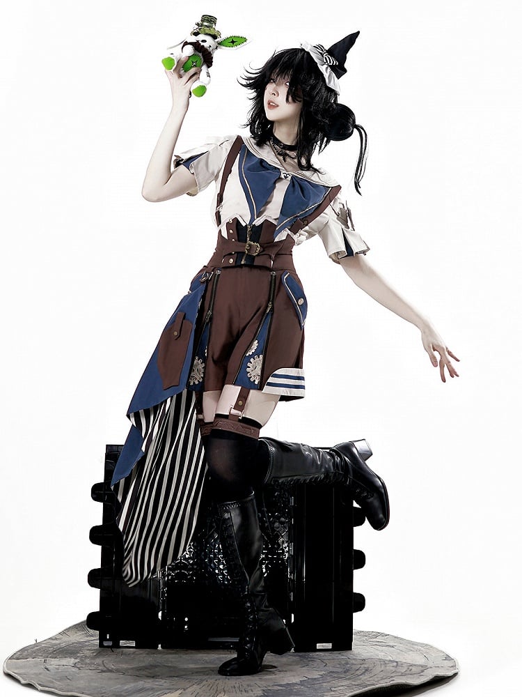 Zughemd Blauer Matrosenoverall + Kragenshorts Ouji Steampunk Gestreiftes Braunes Outfit Lolita -