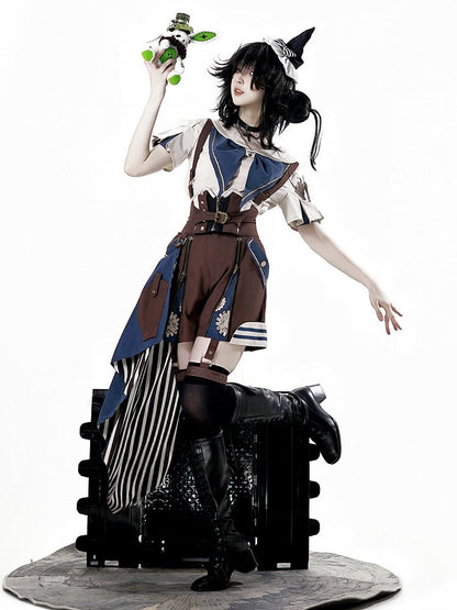 Overall Steampunk + - Blaues Outfit Gestreiftes Hemd Kragen Schleppe Ouji Lolita Shorts Brauner Matrose