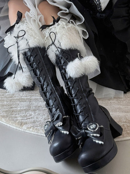 - Heeled PU Lolita Sweet Boots with Collar Design Plush Black