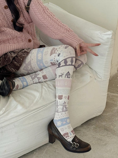 Collants imprimés animaux de dessins animés pastel