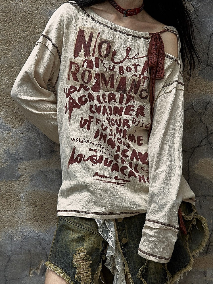 Letter Print Apricot Top Neck Punk Self-tie with Straps Distressed Cutout Wasteland Red