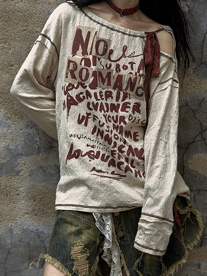 Letter Print Apricot Top Neck Punk Self-tie with Straps Distressed Cutout Wasteland Red