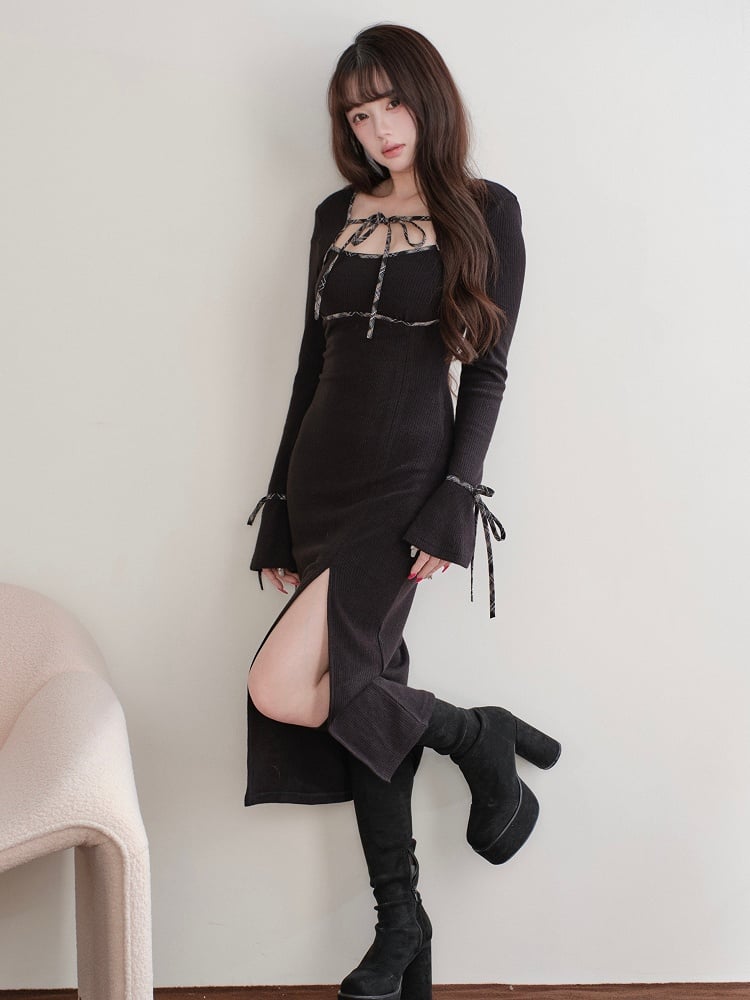 Innocent Jirai Knit Clean Kei Style Long-Sleeve Slit Black Dress
