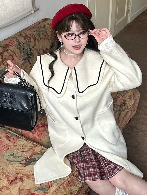 プラスサイズ ミルクホワイト セーラーカラー ハートボタン ウールコート