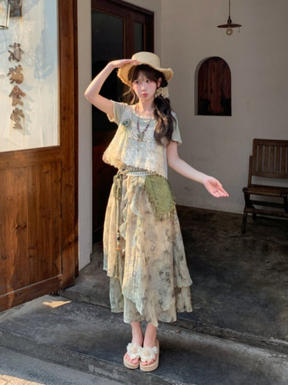 Dye Wide-Leg Pants Mori Kei Green Tie Accessory Regular/Short Detachable Version with Knitted