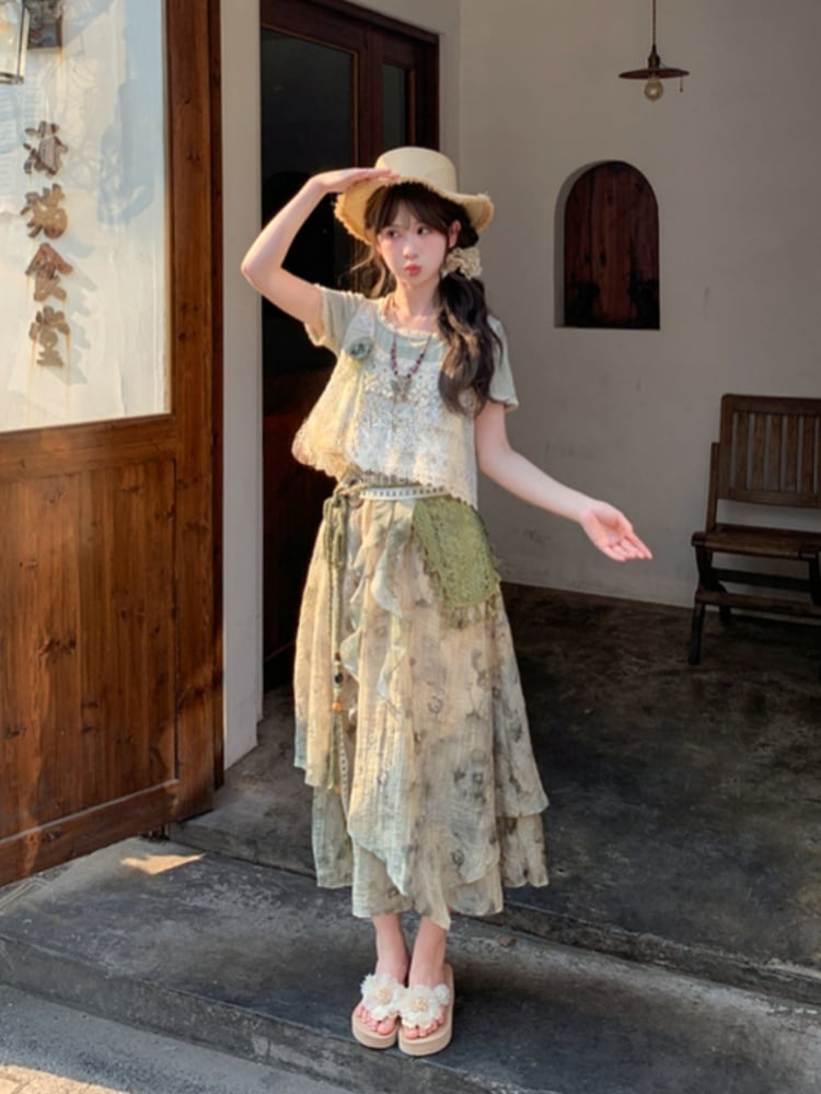 Accessory Dye Wide-Leg Pants Version Detachable with Regular/Short Knitted Mori Kei Green Tie