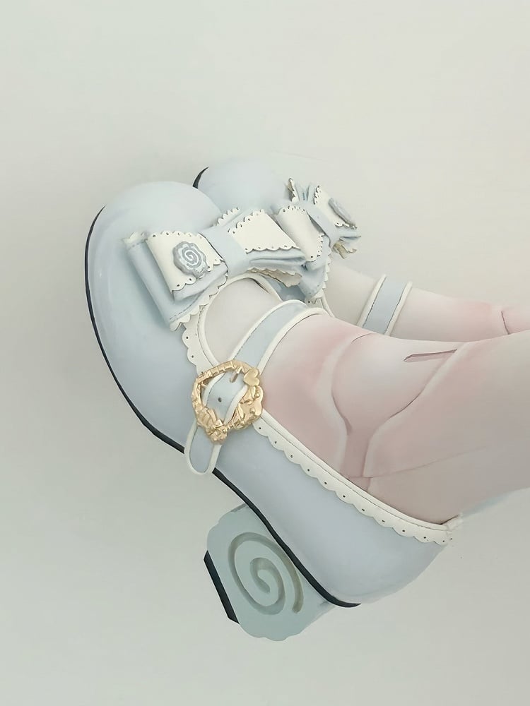 Hem Sweet with Scalloped Bow Blue Mid-heel Accents Mary Lolita Janes