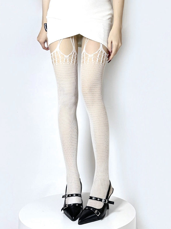 ブラック/ホワイト カットアウト サスペンダー フィッシュネット タイツ