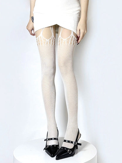 ブラック/ホワイト カットアウト サスペンダー フィッシュネット タイツ