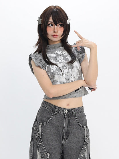 Gray White Flutter Sleeve Top with Angel Skeleton and Buckle - Catwish
