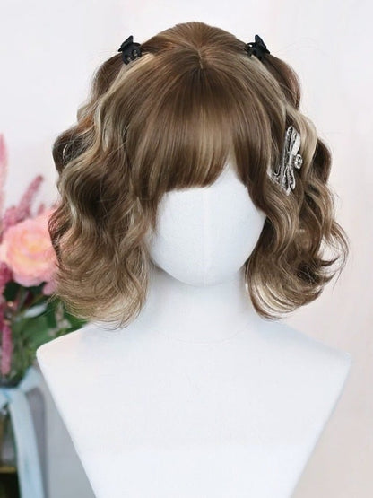 Brown Blonde 12-Inch Wavy Wig with Fringe - Dalao Home