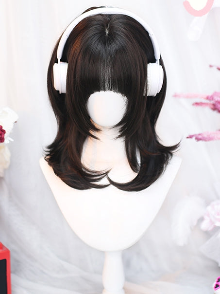 Büste Schwarz 40-45CM Tee Über Perücke Länge Voller Pony Mit Wellenförmige