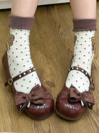 Top Decorated Chocolate Bow Lolita Toe Heart at Round Beaded Shoes Buckle Brown