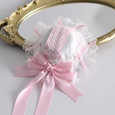 Großer weißer und rosa Lolita-Hut mit Spitze und Mini-Schleife, süß
