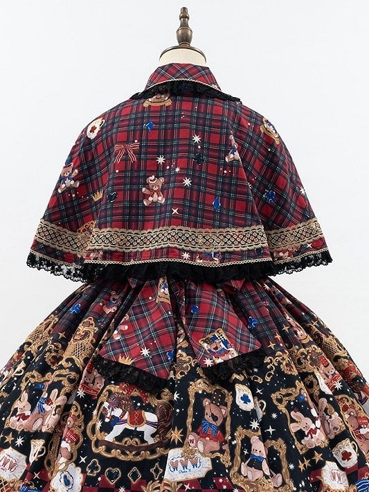 Plaid Trim Lace Lolita with Red Cape Black