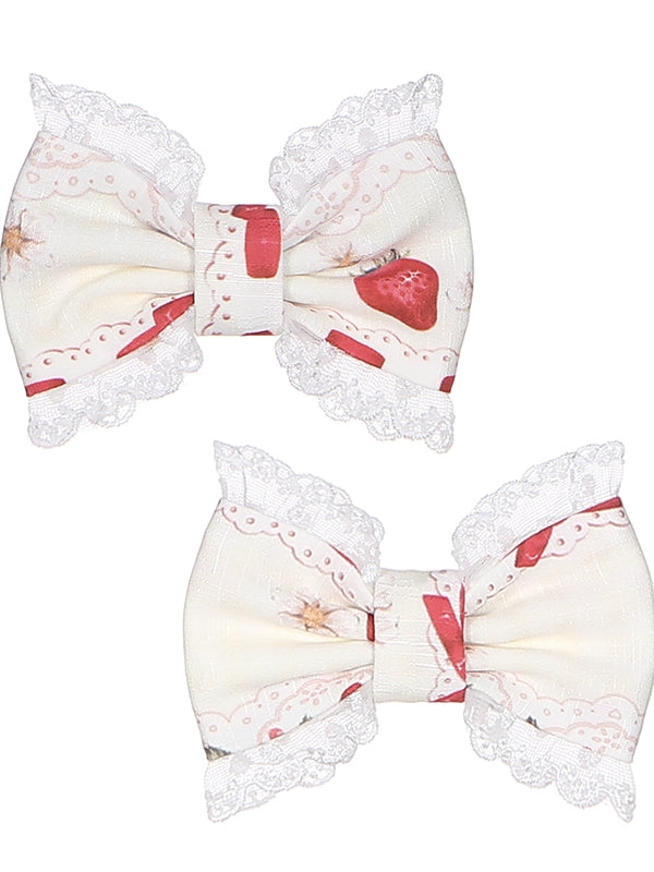 Light Pink Strawberry Print Lace Trim Lolita Bowknot Hairclips