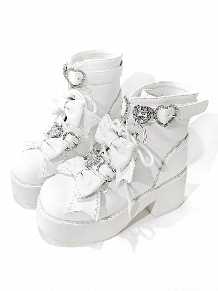 Ankle Lace-up Matte and White Jirai in Kei Buckles Sweetheart Boots with Rhinestones