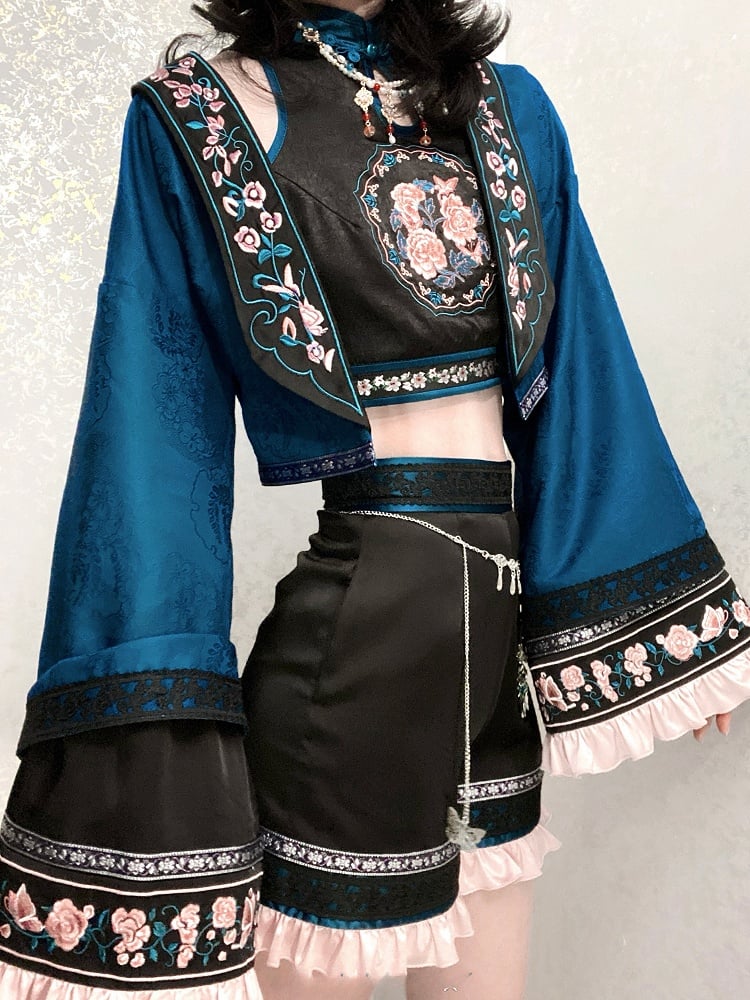 with Embroidery Floral Cheongsam Button Cropped Top Frog Sleeveless Collar and Cutout