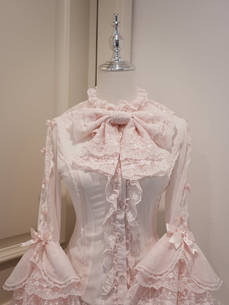 Small Pink Bows Ruffle Adorned Lolita Shirt 3/4 Sleeves Neckline