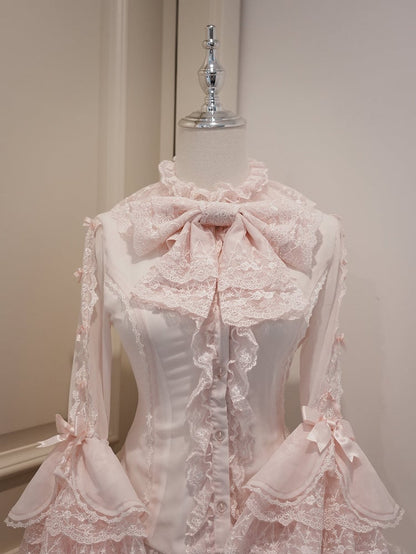 Small Pink Bows Ruffle Adorned Lolita Shirt 3/4 Sleeves Neckline