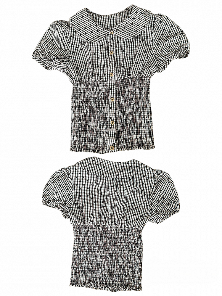 Pattern Collar Floral with Blouse Puff Short Plaid Sleeve Peter Pan