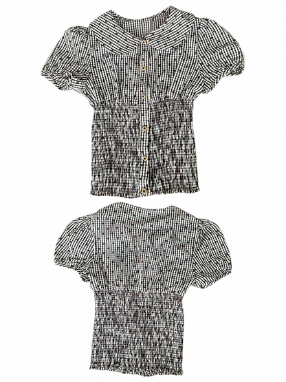 Pattern Collar Floral with Blouse Puff Short Plaid Sleeve Peter Pan