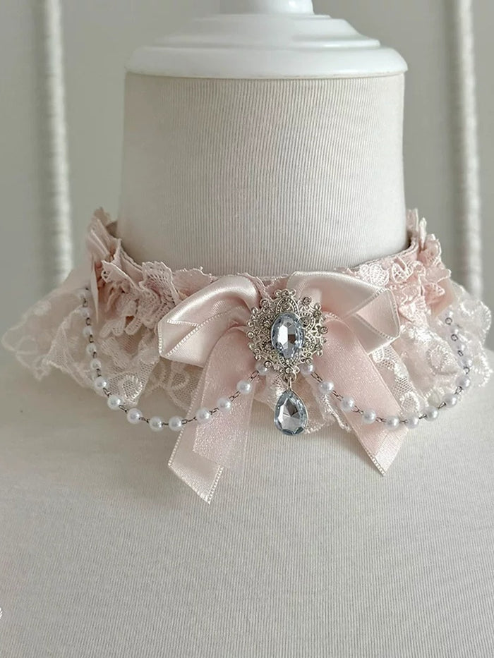 Lolita Rhinestone Bow Lace Choker with Bead Chain in Pink, Apricot or Purple - Dream Gift Box