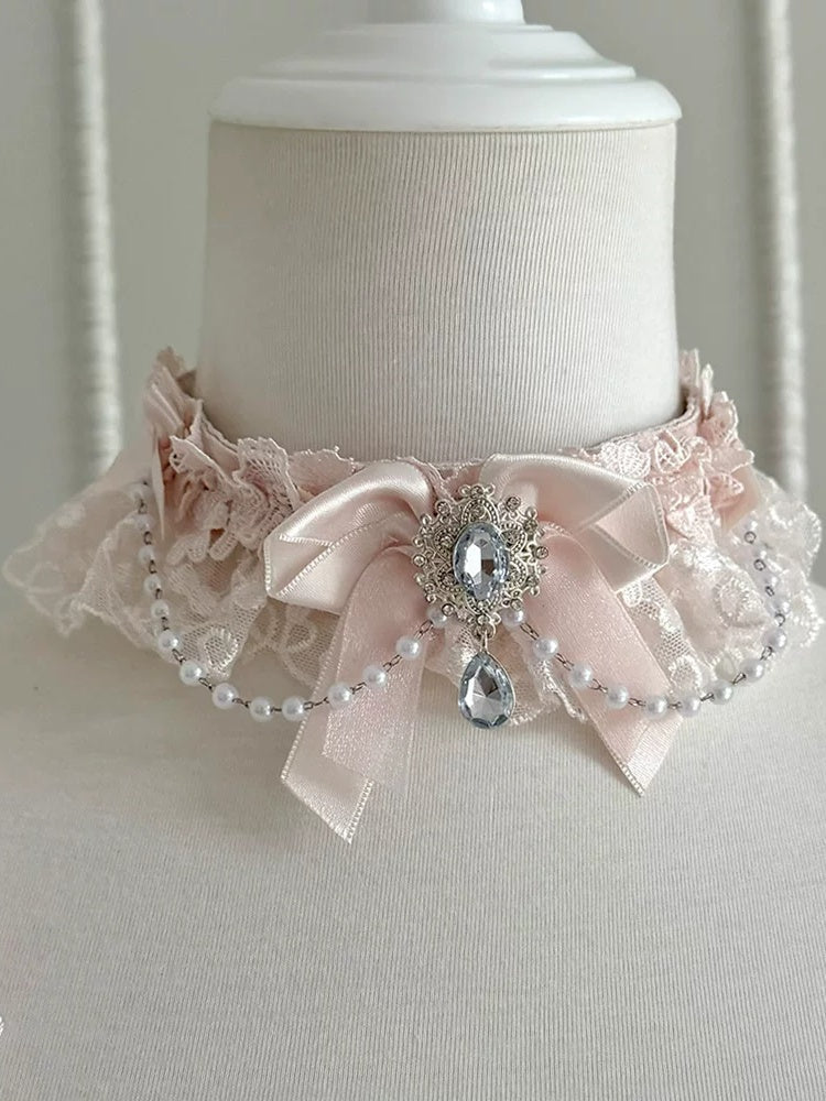 Lolita Rhinestone Bow Lace Choker with Bead Chain in Pink, Apricot or Purple - Dream Gift Box