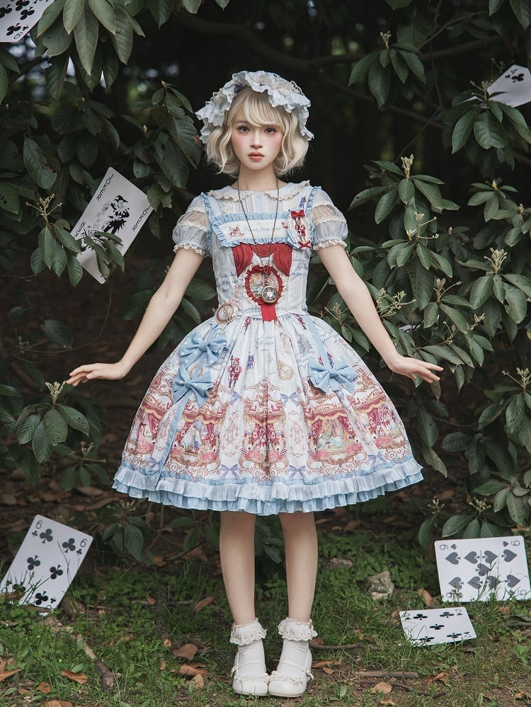 Alice in Wonderland Style Azure Sweet Skirt with Detachable Bow Ribbons - Forest Fairy Tales