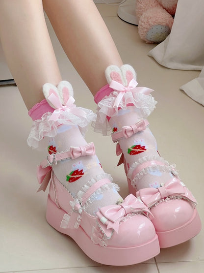 Pink Sweet Lolita Strawberry Print Bunny Ears Lace Trim Socks