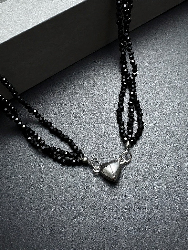 Obsidian Bead Necklace with Silver Heart Charm - YSHXS