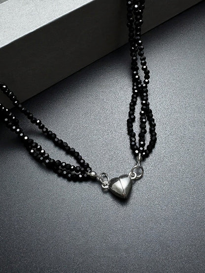 Obsidian Bead Necklace with Silver Heart Charm - YSHXS