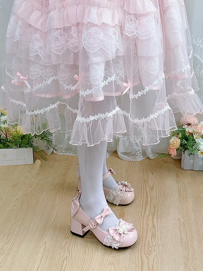 Sweet Lolita Pink Cherry Blossom Theme Lace & Bow Round Toe Shoes - 5.5CM Mid Heel - Hazelnut Bear
