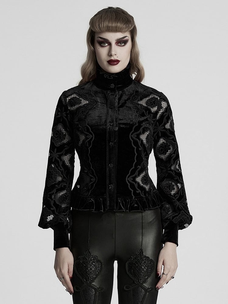 Black Retro Embroidered Velvet Shirt