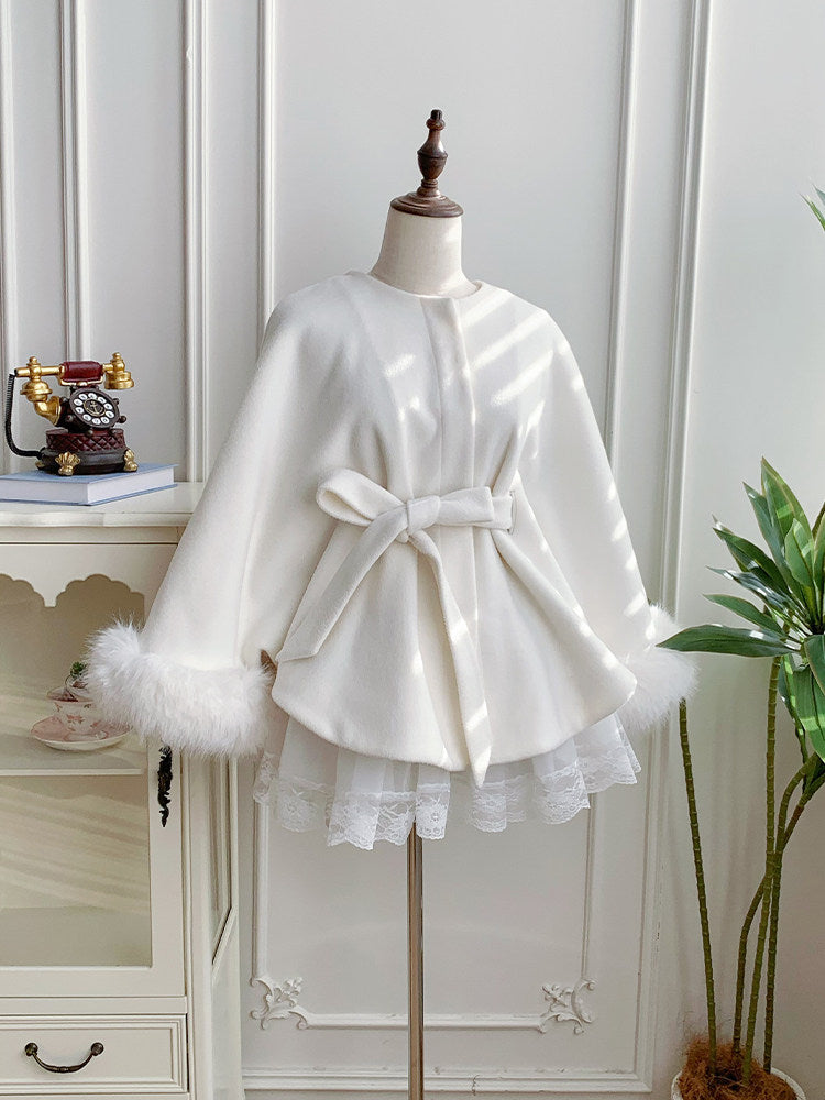 Detachable Lining Coat Fleece Cape with Fur Winter Lolita Collar White
