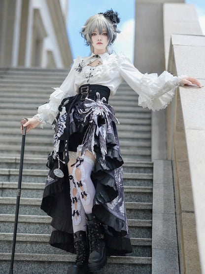 Lolita High-low Skirt Outfit Vibes Black Belt Ouji Shorts Circus Print + Shirt Bunny Corset - White