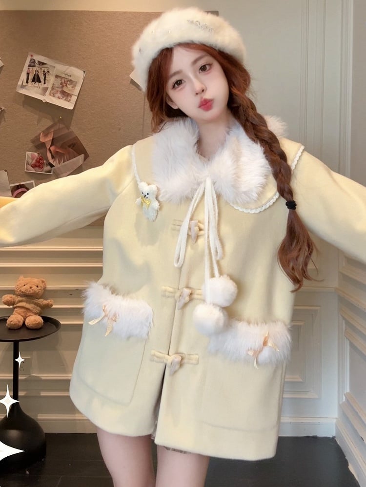Trim Coat Fur Accents Faux Sweet Lolita and Winter with Pom-Pom Yellow