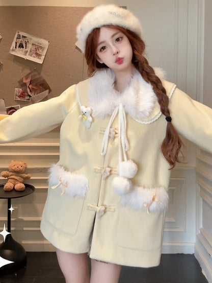 Trim Coat Fur Accents Faux Sweet Lolita and Winter with Pom-Pom Yellow
