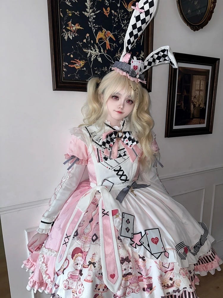 Sweet Lolita Apron Dress OP Full Set with Bunny & Teapot Print in Pink - Ying Luo Fu