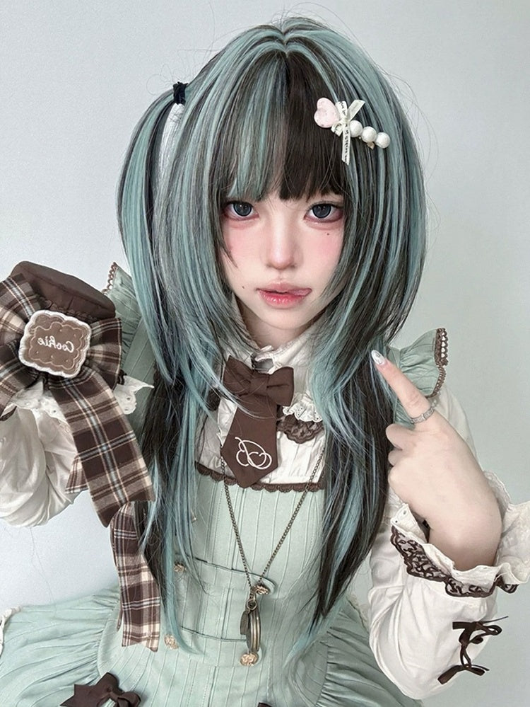 Mint Green & Chocolate Highlight 73cm Straight Full Bangs Wig - Alice Garden