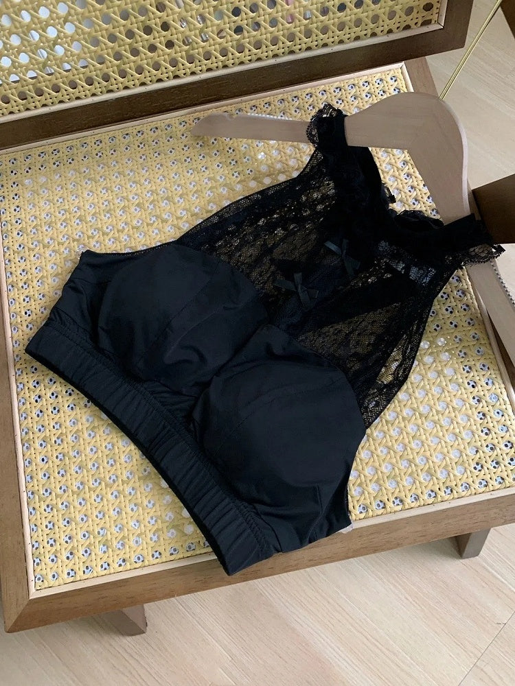 袖取り外し可能ホルターネックフリル付きレーストップス（ブラック）クロップド丈