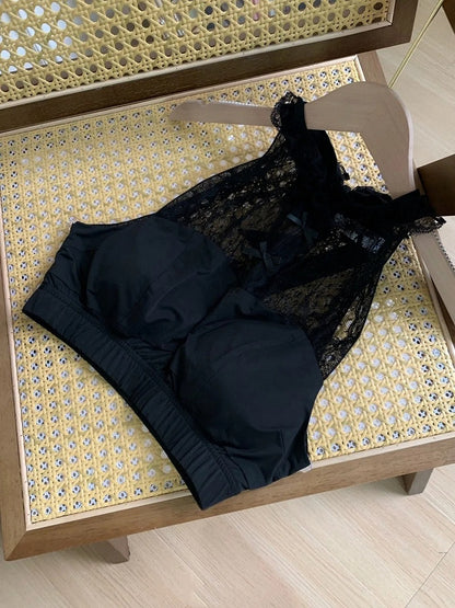 袖取り外し可能ホルターネックフリル付きレーストップス（ブラック）クロップド丈